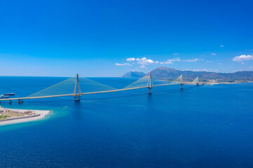 Aerial view of Rio Antirrio or Charilaos Trikoupis Bridge near Patra City, Greece