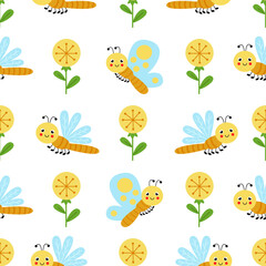 Seamless pattern with cute cartoon flowers and dragonflies.