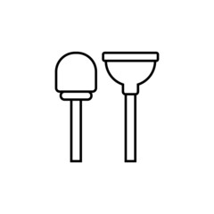 Brush and plunger icon in flat black line style, isolated on white background 