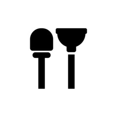Brush and plunger icon in solid black flat shape glyph icon, isolated on white background 