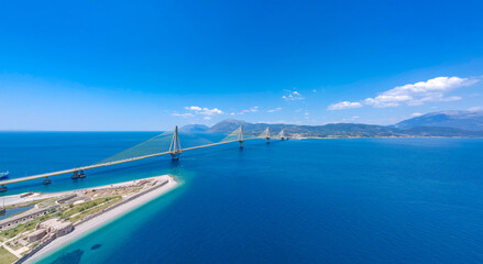 Aerial view of Rio Antirrio or Charilaos Trikoupis Bridge near Patra City, Greece