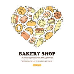 banner bakery products are drawn in the style of doodles. black and white bread, cake, monchik, croissant. vector illustration on a white background.