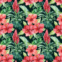 Tropical palm leaves, hibiscus flowers on an isolated background. Watercolor illustration, seamless pattern