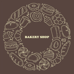 banner bakery products are drawn in the style of doodles. black and white bread, cake, monchik, croissant. vector illustration on a white background.