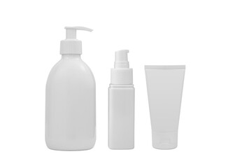 Set of cosmetic bottles with pump dispenser and cream tube isolated on white background. Beauty products packaging mock up. White plastic cosmetic containers.
