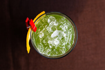 View from above cold cocktail of mahito with ice and mint