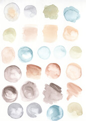 Watercolor circles collection in earthy tones. Sepia, sage. Watercolor stains set isolated on white background. Watercolor palette.