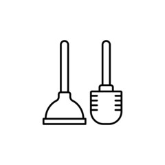 Brush and plunger icon in flat black line style, isolated on white background 