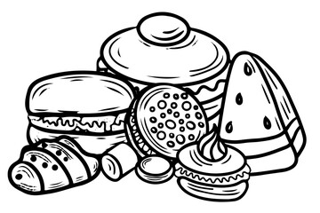 Coloring page with cake, cupcake, candy and other dessert with berry