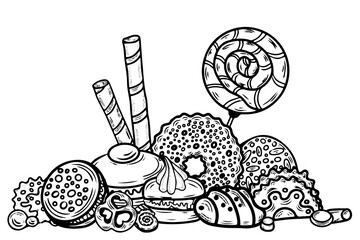 Coloring page with cake, cupcake, candy and other dessert with berry