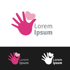 Pink hand and heart shape graphic logo template vector illustration. Charity, help and aid conceptual symbol. Sample text on separate layer.