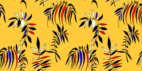 Seamless exotic flora foliage, tropical plants stain and line contemporary pattern in retro style, nature background.