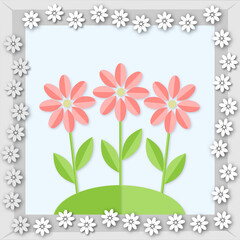 greeting card with paper flowers in a frame,  paper cut out effect