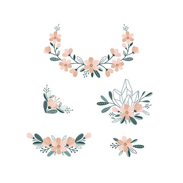 Daisy floral crystal wreath arrangement vector clipart set isolated on white background. Folksy magic flower decorative botanical bouquet composition frame corner design element.