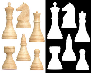 	
Set of white wooden chess pieces views isolated on white background. 3d render illustration. Alpha Channel mask.	