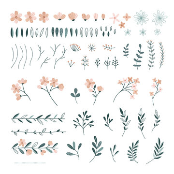 Daisy floral vector clipart set isolated on white background. Decorative bohemian folksy flower design element. Hand drawn botanical blossom leaves petals border illustration creating kit