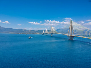 Aerial view of Rio Antirrio or Charilaos Trikoupis Bridge near Patra City, Greece