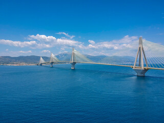 Aerial view of Rio Antirrio or Charilaos Trikoupis Bridge near Patra City, Greece