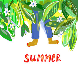 Summer joy background for banner or card with nature leaves and foots - vector graphic illustration - 429565762
