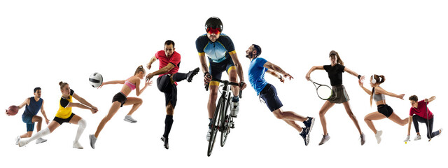 Collage of different professional sportsmen, fit people in action and motion isolated on white background. Flyer.