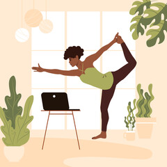 African American woman in yoga pose at home. Girl repeats exercise instructor and watching online classes on laptop. Flat vector illustration.