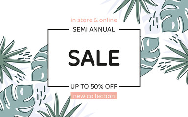 Sale poster template with decorative palm leaves and monstera. Trendy discount social media post, mobile store apps, banners design. Vector minimalistic illustration.