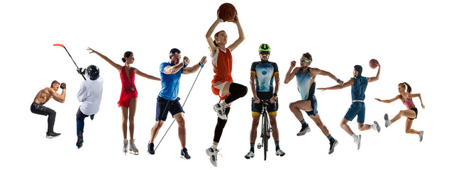 Collage of different 8 professional sportsmen, fit people in action and motion isolated on white background. Flyer.