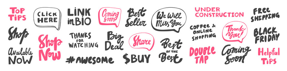 Vector hand drawn collection set of calligraphy lettering quotes and words. Pink and black color
