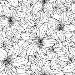 Outline floral vector seamless pattern. Black and white Rhododendron and Lily flower. Hand drawn flowers and leaves contour background for textile, coloring book, greeting card, print, fashion design