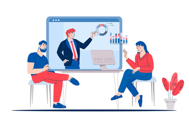 Online video training or virtual  conference with people characters, cartoon vector illustration isolated on white background. Online business training and e-learning, web conference.