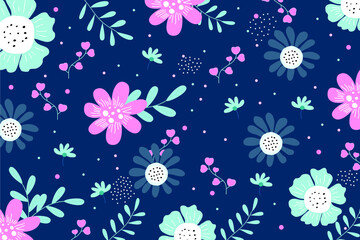 Fototapeta na wymiar Garden flowers, plants, botanical, seamless pattern vector design for fashion fabric wallpaper and print illustration all on dark blue background. Cute little flower pattern, small colorful flowers
