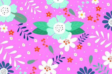 Flowers in garden, plants, botanical, vector designs seamless patterns for fashion fabric wallpaper and prints all on pink background Cute little flower pattern, small colorful flowers