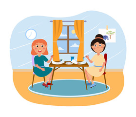 Obraz premium Two cute little girls are sitting at table and drawing together indoors