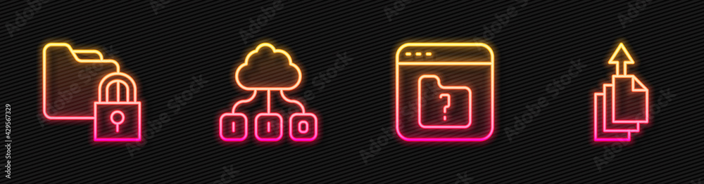 Poster set line file missing, folder and lock, cloud technology data transfer and data export. glowing neon
