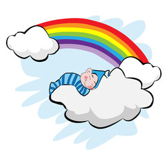 Bebé durmiendo sobre nube con arco iris.