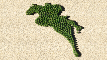 Fototapeta premium Concept or conceptual group of green forest tree on dry ground background, sign of a horse rider. 3d illustration metaphor for sport, competition, training, relaxation, hobby and fun