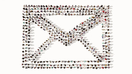 Concept conceptual large community of people forming the image of  email sign. 3d illustration metaphor for communication, contact, business, online marketing and technology