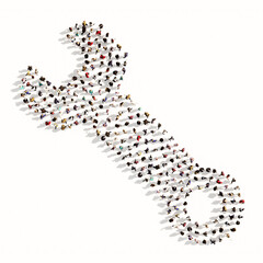 Concept conceptual large community of people forming the settings sign. 3d illustration metaphor for connection, engineering,  maintenance, service and support