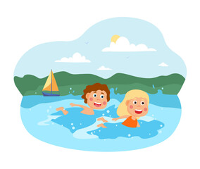 Obraz na płótnie Canvas Two happy little kids are swimming in the sea