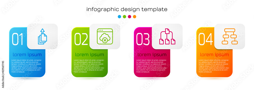 Poster set line data export, failed access cloud storage, folder tree and hierarchy organogram chart. busin