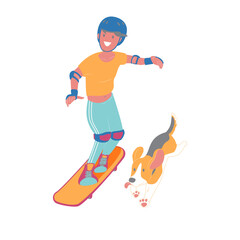 The boy run skateboarding with his puppy beagle dog, wearing protective gear prevent accident, sports activity ourdoor style, flat vector illustration on white background.