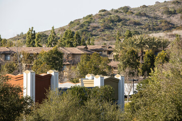 Fototapeta na wymiar Daytime view of the downtown skyline and a residential area of Ladera Ranch, California, USA.