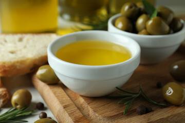Concept of tasty eating with olive oil, close up
