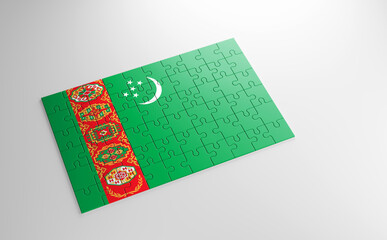Fototapeta na wymiar A jigsaw puzzle with a print of the flag of Turkmenistan, pieces of the puzzle isolated on white background. Fulfillment and perfection concept. Symbol of national integrity. 3D illustration.