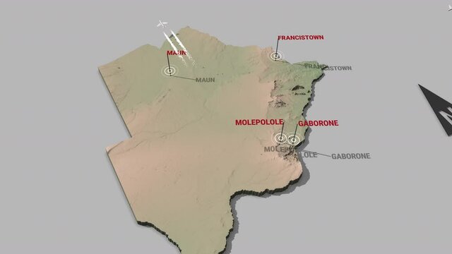 Seamless looping animation of the 3d terrain map of Botswana with the capital and the biggest cites in 4K resolution
