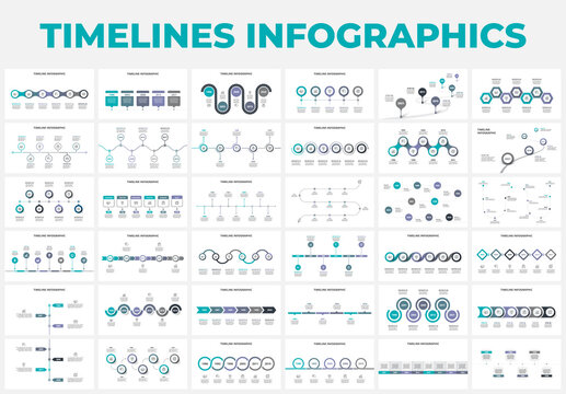Creative concept set for infographic timeline. Abstract elements of graph, diagram with 5, 6, 7 and 8 steps, options, parts or processes. Vector business template for presentation