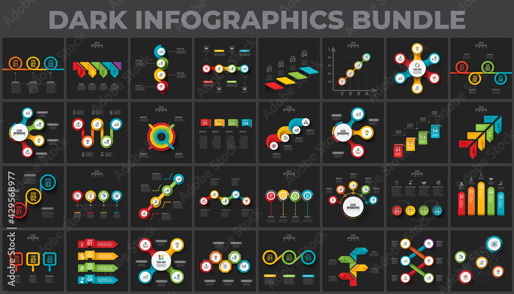 Poster Dark infographics set. Bundle templates for data visualization with 3, 4, 5 and 6 processes. Structure template