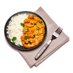 Plate of Traditional Chicken Curry and rice isolated on white background with clipping path embedded