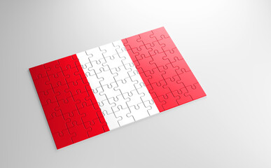 A jigsaw puzzle with a print of the flag of Peru, pieces of the puzzle isolated on white background. Fulfillment and perfection concept. Symbol of national integrity. 3D illustration.