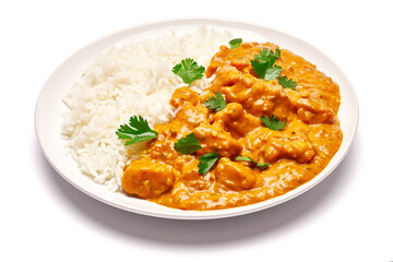 Plate of Traditional Chicken Curry and rice isolated on white background with clipping path embedded